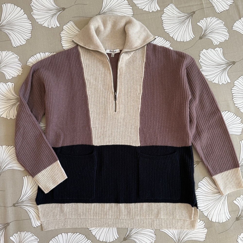 Madewell Glenbrook Half-Zip Pullover Sweater in Colorblock Heather Fog XXS